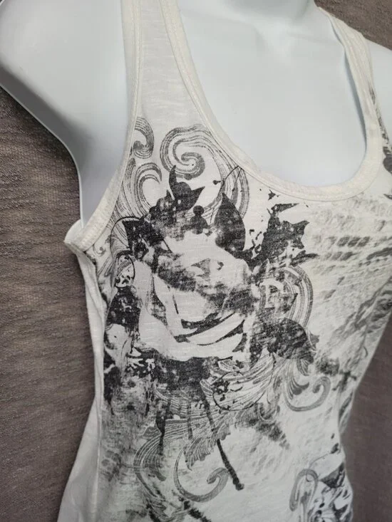 Y2K Girly Grunge Gray Rose Graphic Tank Top Sleeveless Racerback Boho Ruched - Picture 11 of 16